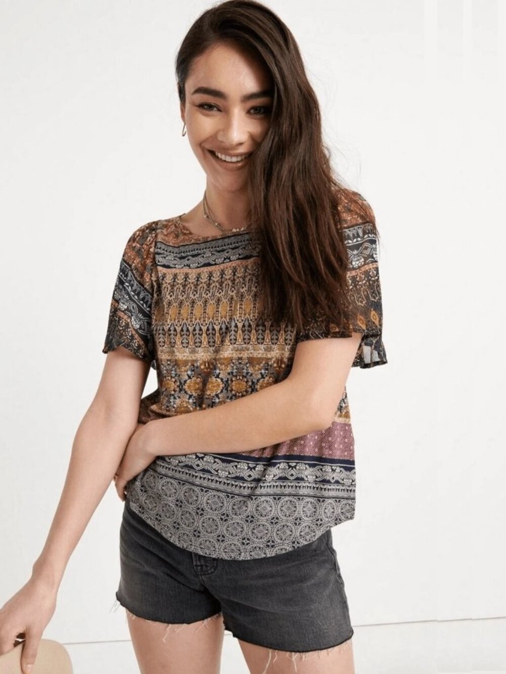 Lucky Brand Mixed Media Flutter Sleeve Blouse Tribal Print Medium #A4534